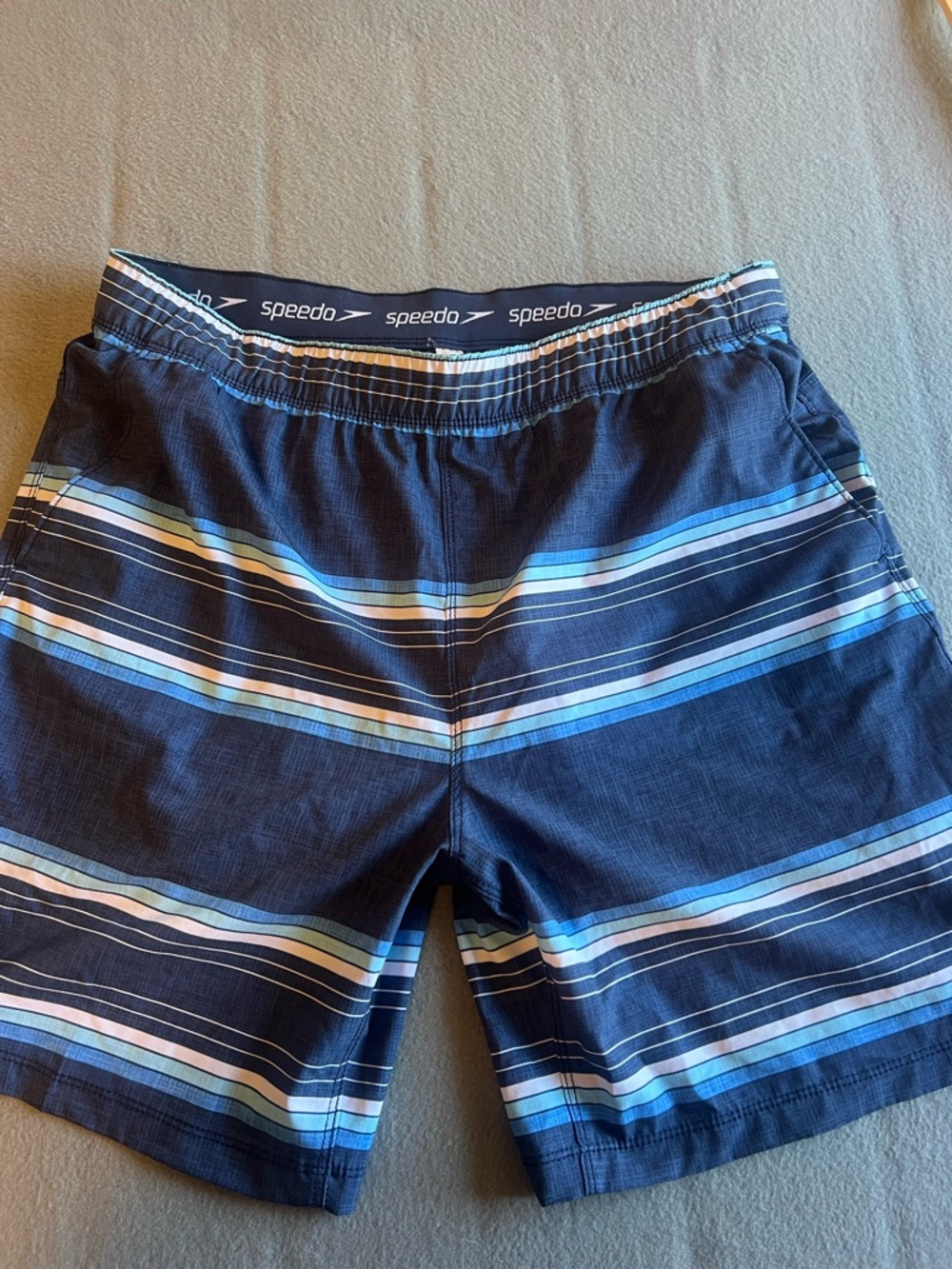 Speedo Navy Blue Striped Swim Shorts with Light Blue & White Accents